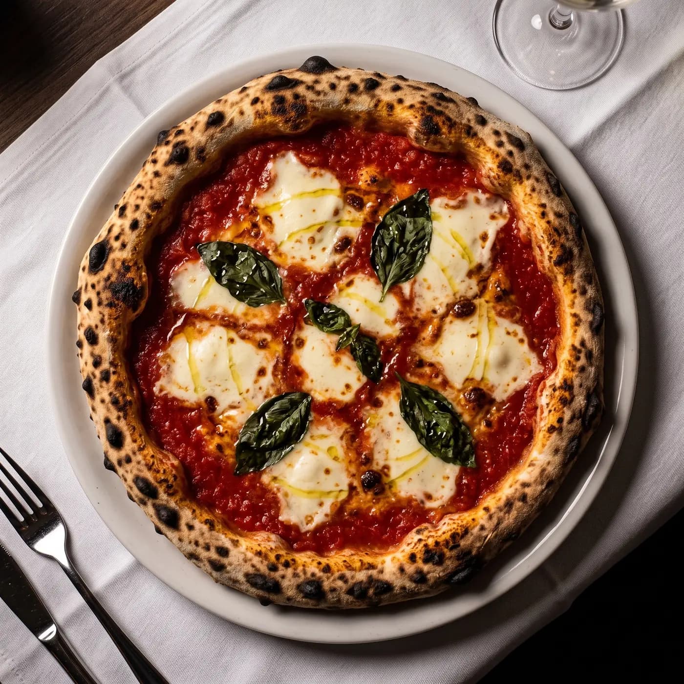 Pizza Margherita mit Tomatensauce, Mozzarella und Basilikum, von oben auf dem weißen Tischtuch