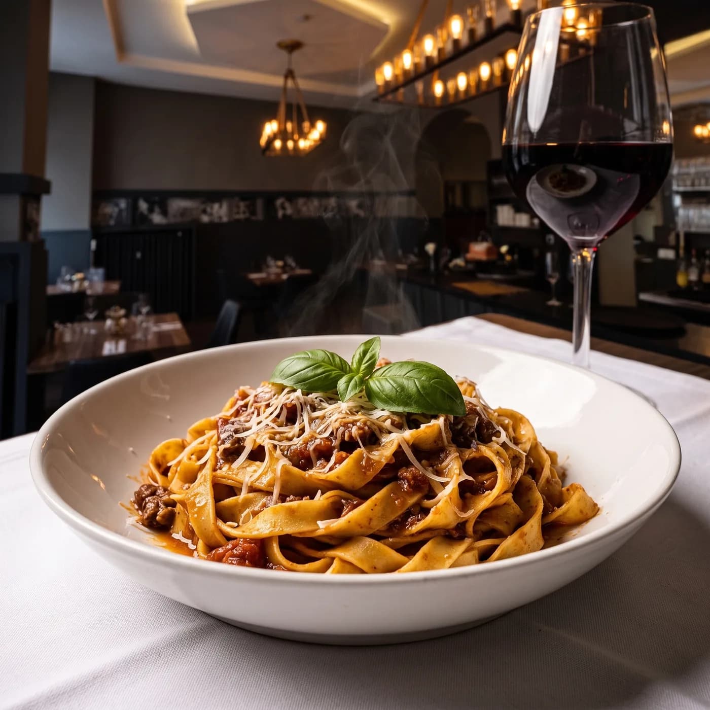 Tagliatelle al ragù mit Parmesan und Basilikum, dahinter ein Glas Rotwein im Gastraum